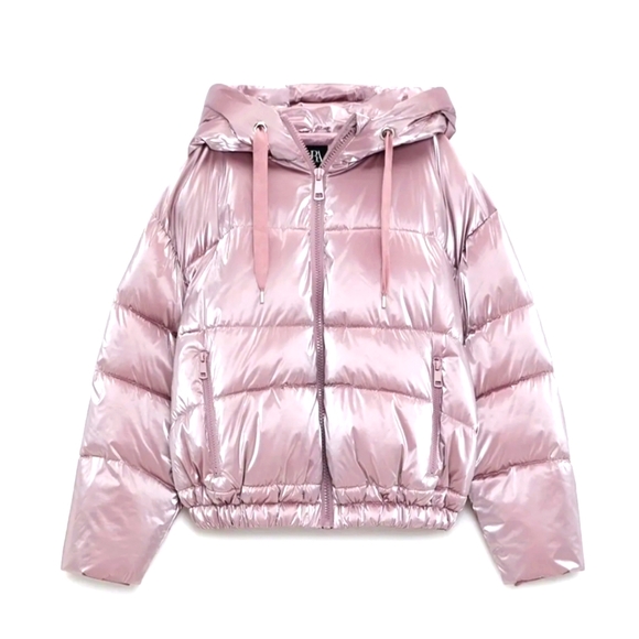 Zara pink metallic shine hooded Puffer jacket Size US S - Picture 1 of 8